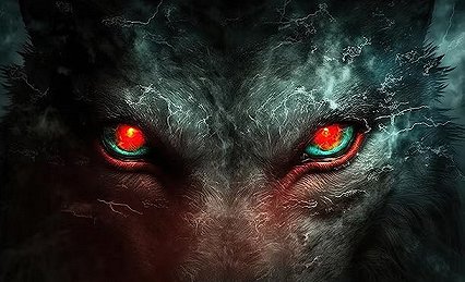 painting of a red-eyed wolf's face in close-up