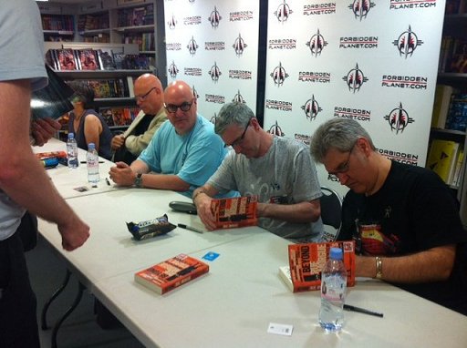 Beyond Rue Morgue signing at Forbidden Planet. L to R: Lisa Tuttle, Simon Clark, Stephen Volk, Mike Carey and Paul Kane.