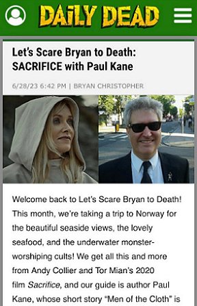 Screenshot: Daily Dead - Let's Scare Bryan to Death: SACRIFICE with Paul Kane. Images of Barbara Crampton and Paul Kane