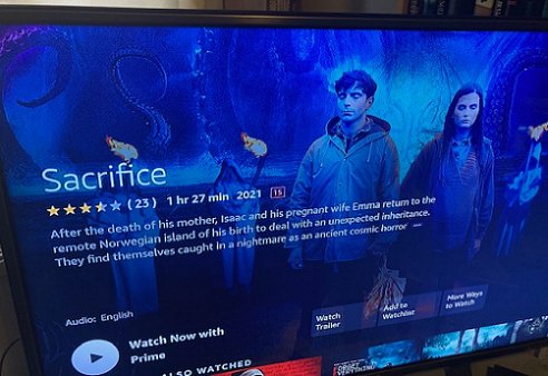 TV screen: Amazon Prime info for the movie Sacrifice