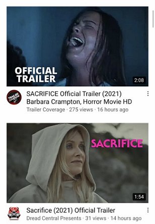 Screenshot: Sacrifice official trailer, with Barbara Crampton