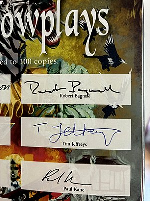 photograph showing the signing sheet inside Shadowplays, edited by Peter Coleborn and Mike Chinn, to show Paul Kane's signature