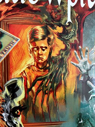 photograph showing close-up from Ilan Sheady's cover for Shadowplays, edited by Peter Coleborn and Mike Chinn, to show a man with a creature on his left shoulder, an image from Paul Kane's story, 'Stigma'