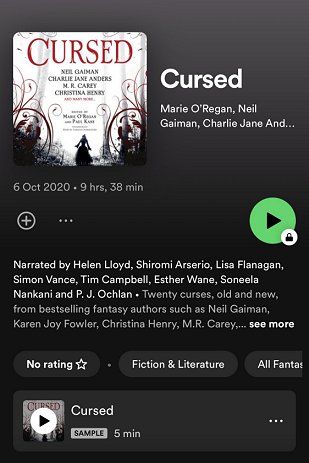 screenshot of Spotify listing for Cursed, edited by Marie O'Regan and Paul Kane