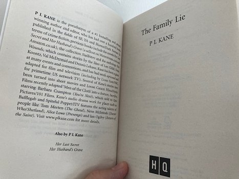 Author bio - inside pages, The Family Lie by P L Kane