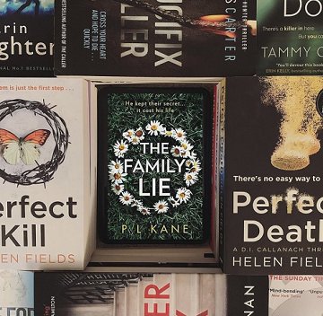 Book display featuring The Family Lie by P L Kane