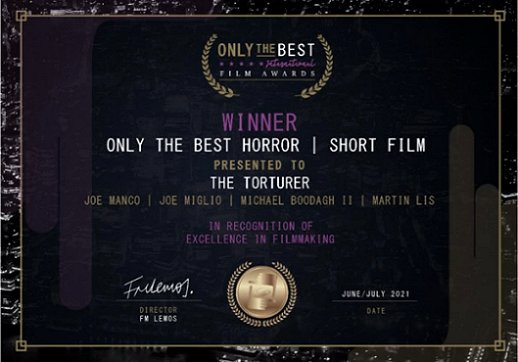 Image of certificate for The Torturer: Best Horror Short Film, Only The Best Film Awards