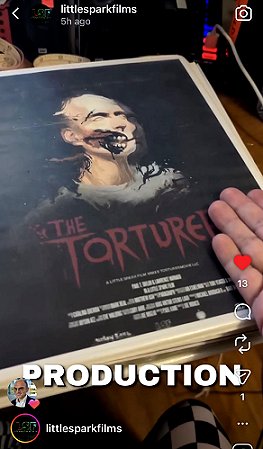 screenshot from @littlesparksfilms. Image shows a poster of The Torturer, written by Paul Kane. Text reads PRODUCTION