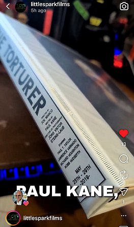 screenshot from @littlesparksfilms. Image shows the spine of the production bible for The Torturer. Text reads PAUL KANE