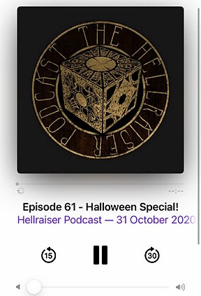 Screenshot: Puzzlebox. Text: Episode 61 - Halloween SPecial! Hellraiser Podcast - 31 October 2020