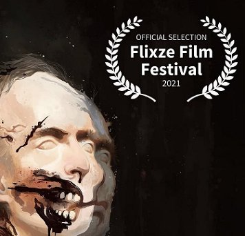 Close up of Flixze Film Festival 2021 official selection laurel for The Torturer