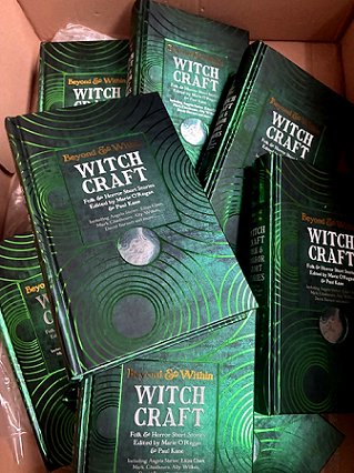 photograph of a cardboard box filled with copies of Beyond & Within Witchcraft, edited by Marie O'Regan & Paul Kane
