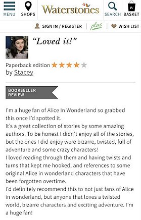Screenshot: Waterstones.com bookseller review of Wonderland, edited by Marie O'Regan and Paul Kane