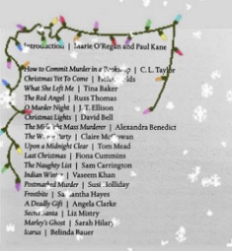 image showing the table of contents for Death Comes at Christmas, edited by Marie O'Regan and Paul Kane. Multicoloured lights are strung across the top and snowflakes are falling