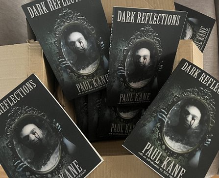 photograph of a cardboard box containing copies of the book Dark Reflections, by Paul Kane