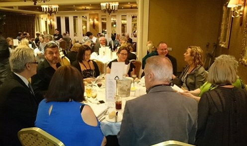 FantasyCon banquet. L to R: Paul Kane, Mike Smith, Sheryl Smith, Alison Littlewood, Fergus Beadle, Jan Siegel. L to R, front: Marie O'Regan, Les Edwards, Val Edwards, Pat Cadigan
