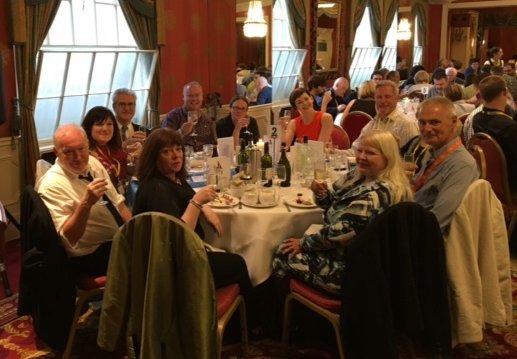 Jo Fletcher Books/PS Publishing Table - Foreground, L to R: Stephen Jones, Amanda Foubister, Jo Fletcher, Ian Drury. Background, L to R: Marie O'Regan, Paul Kane, Fergus Beadle, Alison Littlewood, Sam Bradbury, Les Edwards, Val Edwards