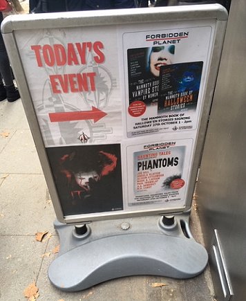 Forbidden Planet poster for Halloween signings of Mammoth Book of Halloween Stories, Mammoth Book of Vampire Stories by Women, and Phantoms