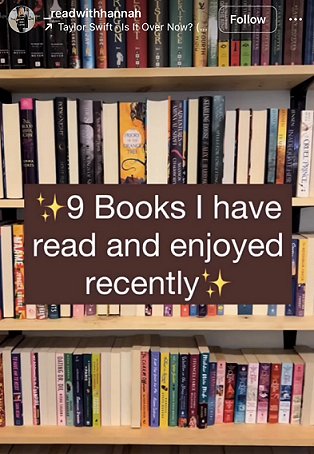 screenshot of a full bookcase. Text reads 9 books I have read and enjoyed recently