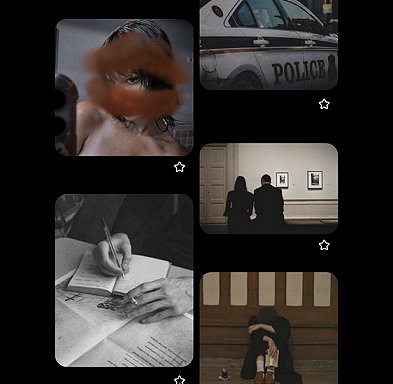 a montage of images - top left: a topless woman seen from the shoulders up through a blurred lipstick outline on a mirror. Top right, a police car. Bottom left - someone writing in a notebook, with a cigarette in the other hand. Middle right - a man and a woman sitting beside each other on a bench. In front of them are two paintings and a closed door. Bottom right - a man sitting down with his head on his knees and his arms crossed over them