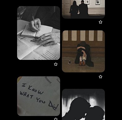 a montage of images. Top left - someone writing in a notebook, a cigarette in the other hand. Bottom left - a piece of paper with Report typed across the top and I KNOW WHAT YOU DID scrawled across the middle. Top right - a man and a woman sitting beside each other on a bench. In front of them are two paintings and a closed door. Middle right - a man sitting down with his head on his knees and his arms crossed over them. Bottom right - silhouette of a man's and woman's heads leaning together