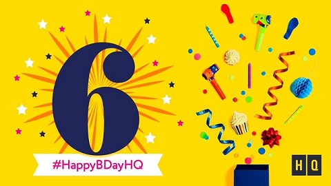 Banner image - showing the figure six, candles, cupcake. Text '6 HappyBDayHQ'