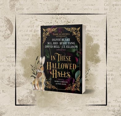 Image showing a copy of In These Hallowed Halls, edited by Marie O'Regan and Paul Kane, standing against a cream background with faint text and images of the moon, standing beside a hare