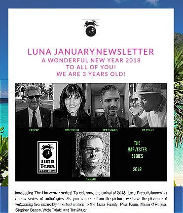 Luna Press 'Harvester' series announcement - featuring Paul Kane, Marie O'Regan, Stephen Bacon, Wole Talabi and Tim Major 