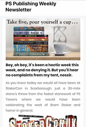 Weekly PS Publishing newsletter, featuring The Storm by Paul Kane