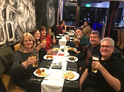 Left side, front to back: Nicky Crowther, Sheryl Smith and Marie O'Regan. Right side, front to back: Paul Kane, Mike Smith and Peter Crowther