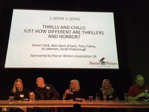 HWA sponsored panel: Thrills and Chills. L to R: Jo Jakeman, Simon Clark, Tracey Fahy, Sarah Pinborough, Alex Davis