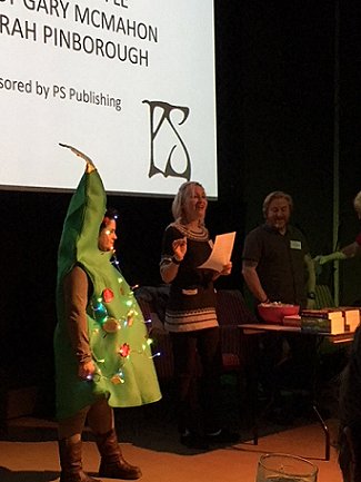 Sledge Lit Raffle. L to R: Pixie, Sarah Pinborough, Gary McMahon